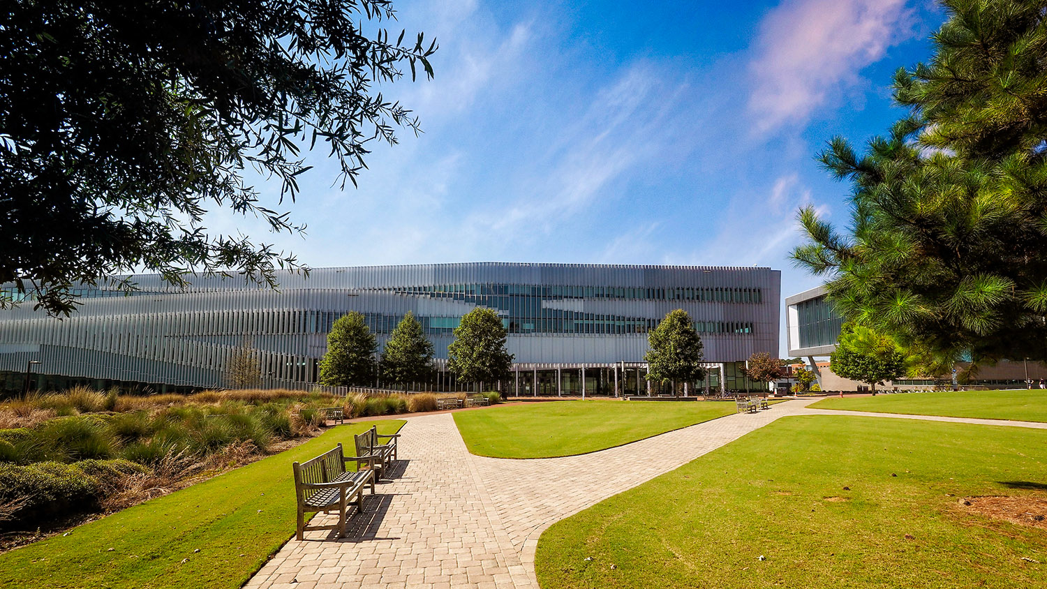 An exterior view of the James Hunt Jr. Library on Centennial Campus during fall.