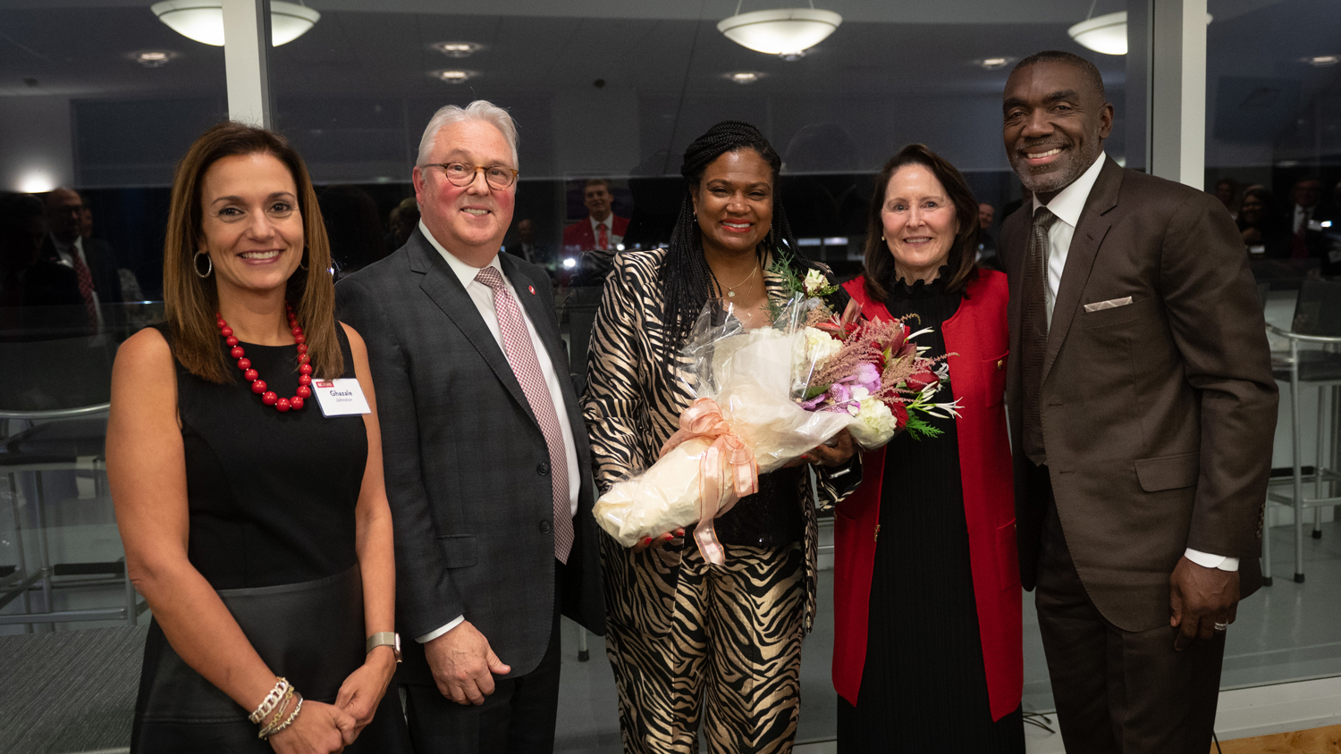 From left: Ghazale Johnston, Chancellor Randy Woodson, Adama Washington, Libby Godwin and Dewayne Washington