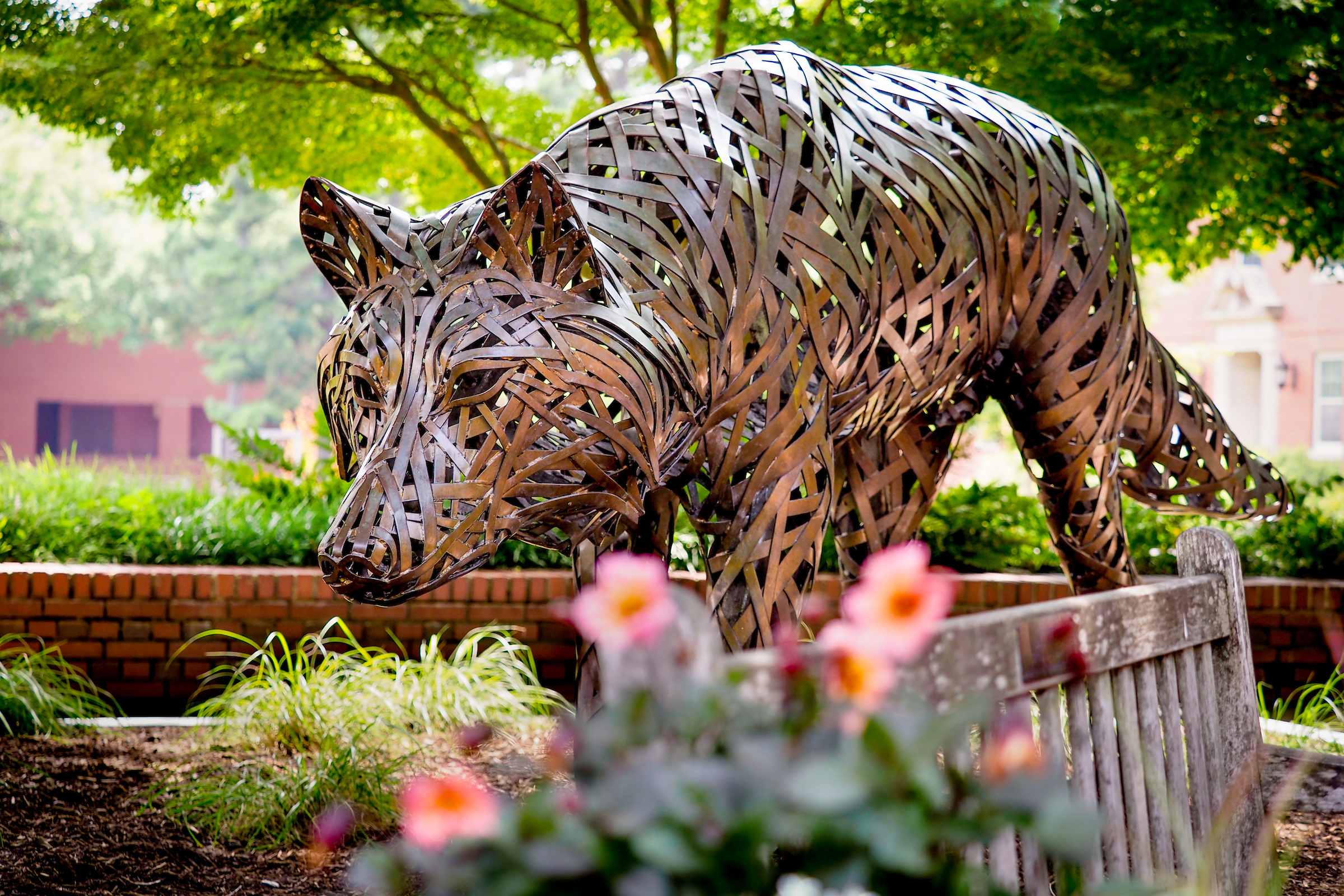 One of the copper wolves at Wolf Plaza. Photo by Becky Kirkland.