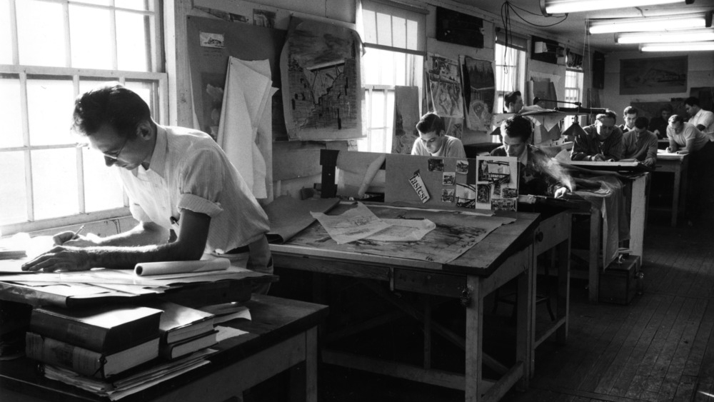 Students working at drafting tables in the College of Design, circa 1955
