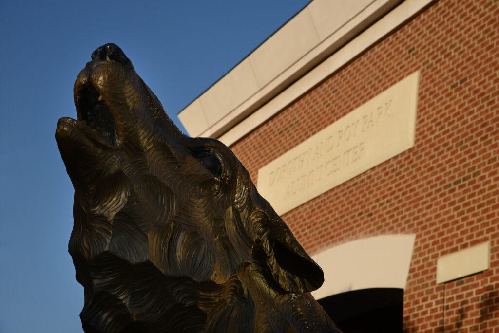 Wolf statue outside Park Alumni Center on Centennial Campus.