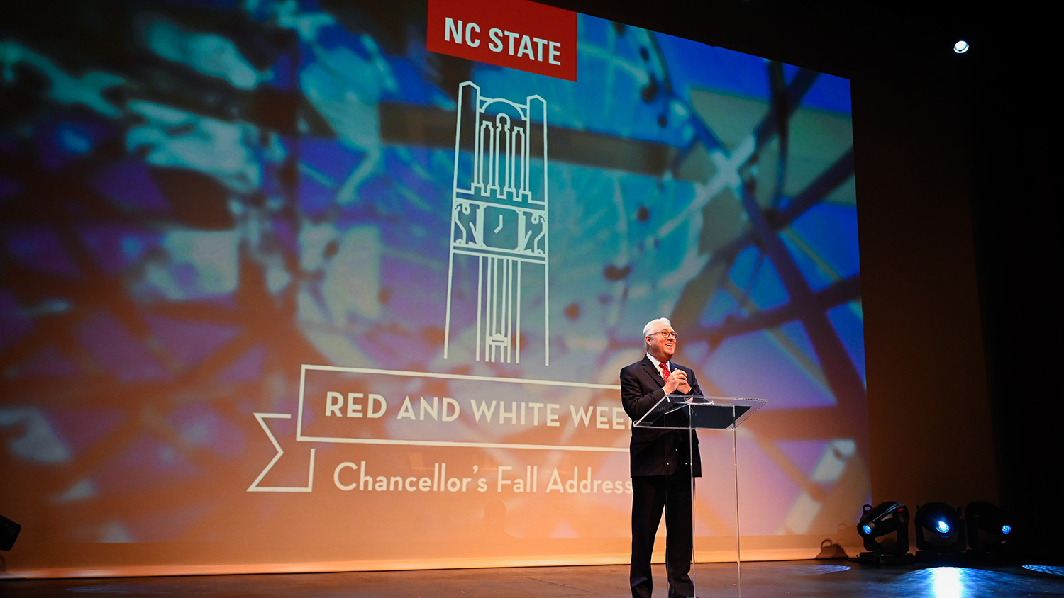 Chancellor Woodson addressing the NC State community at the Chancellor's fall address