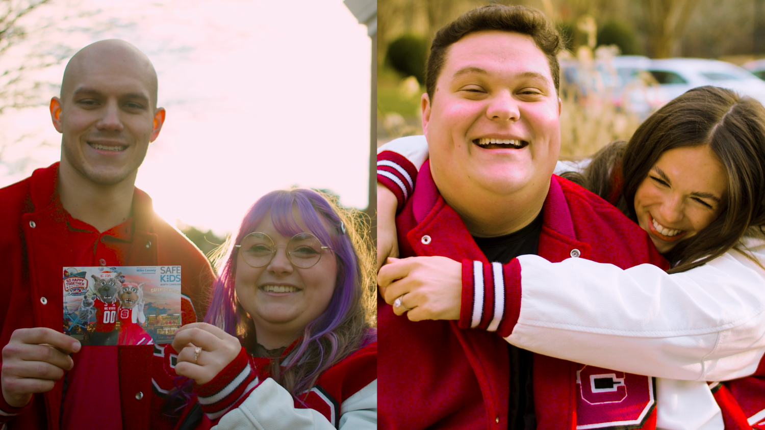 Left of photo: Rachel and Chase, dressed in red NC State varsity jackets, hold a photograph of themselves dressed as Mr. and Ms. Wuf mascots. Right of photo: Savanna and Chandler, wearing red NC State varsity jackets, hug and laugh.