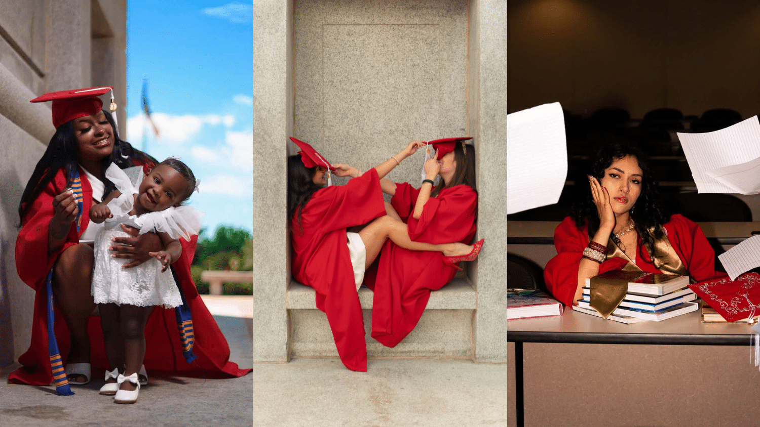 Collage of 3 student's grad photos. Left: woman poses with wolfie hand sign, middle: man runs trough rows of books at the library in a cap and gown, Right: woman poses on the football field in a letterman jacket.