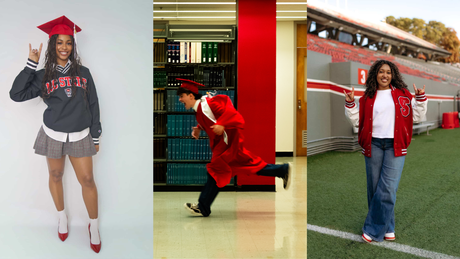 Collage of 3 student's grad photos. Left: woman poses with wolfie hand sign, middle: man runs trough rows of books at the library in a cap and gown, Right: woman poses on the football field in a letterman jacket.