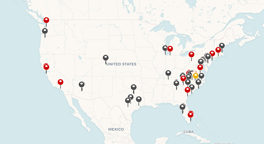 Map of the united states with red, yellow and gray pins marking 304 locations of Alumni events during fiscal year 2026.