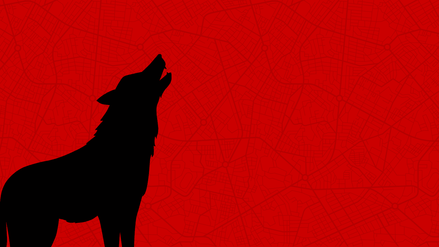 howling wolf in front of red city streets map graphic